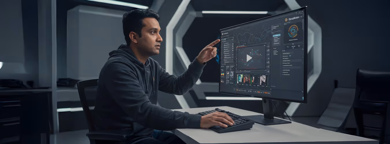 Homem trabalha em tela curva com software de inteligência artificial