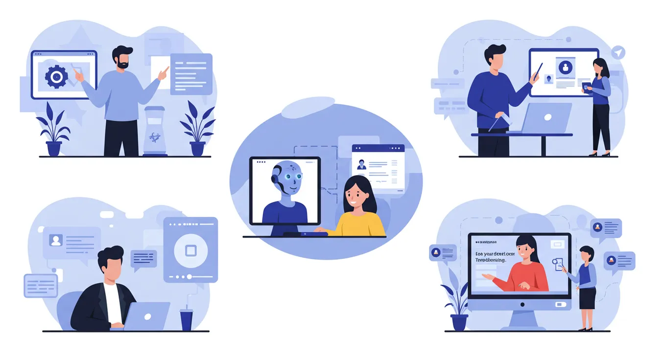 Ilustrações mostram interação com robôs e IA em trabalho