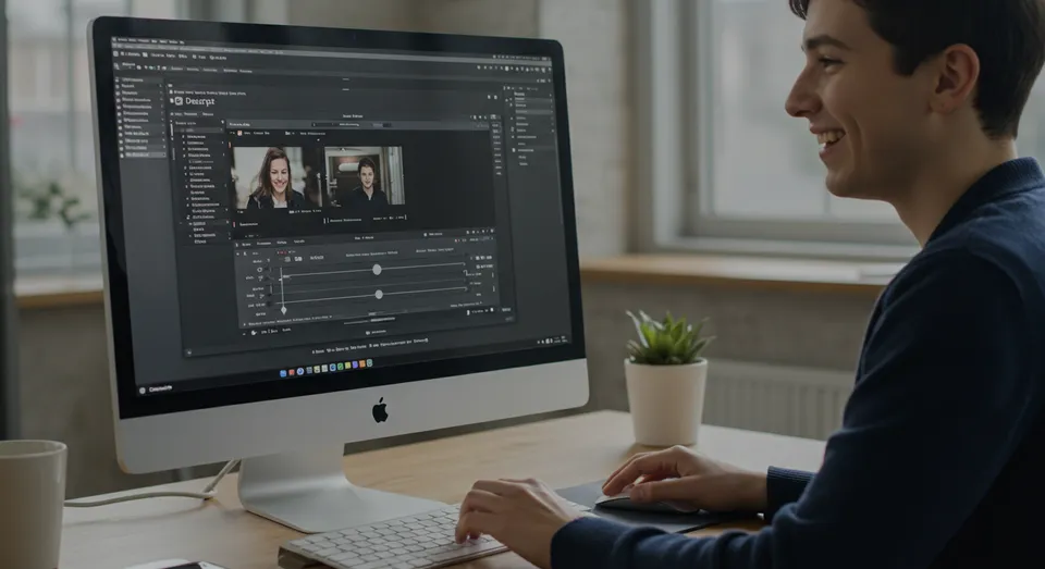 Jovem sorridente editando vídeo em computador iMac