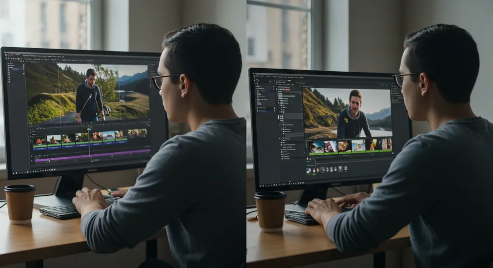 Homem editando vídeos em dois monitores na mesa