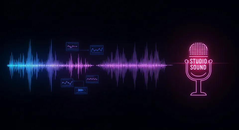 Gráfico de ondas sonoras com microfone neon estúdio