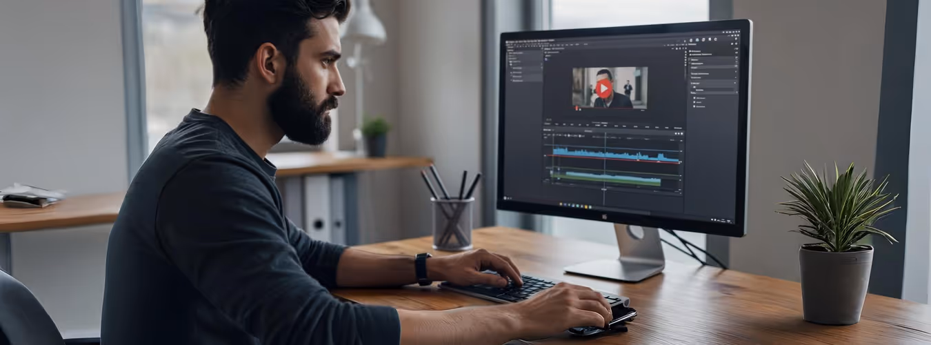 Homem editando vídeo em monitor widescreen no escritório
