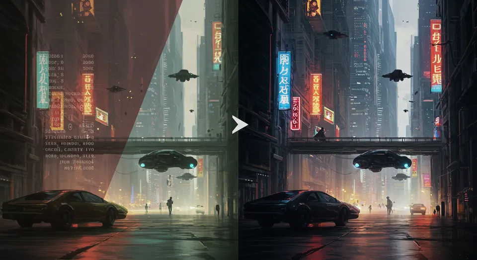 Cidade futurista com carros voadores e neon