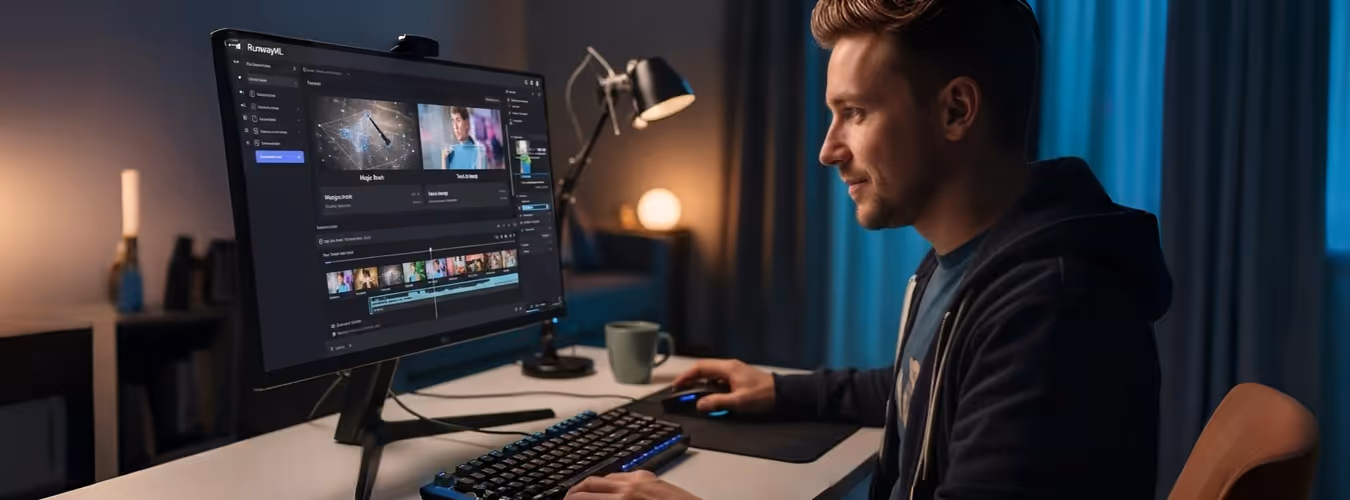 Jovem editando vídeo no computador com ambiente moderno