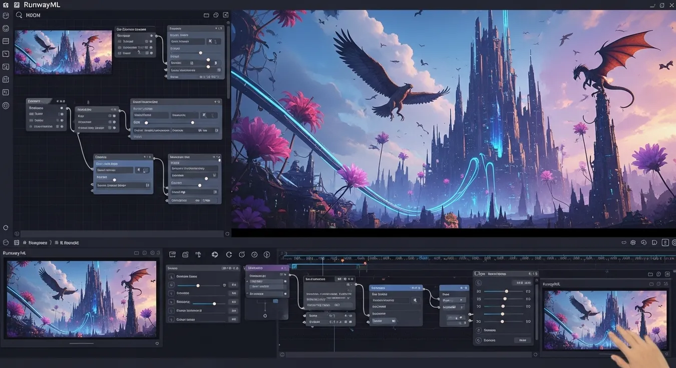 Interface do Runway ML com paisagem digital de fantasia