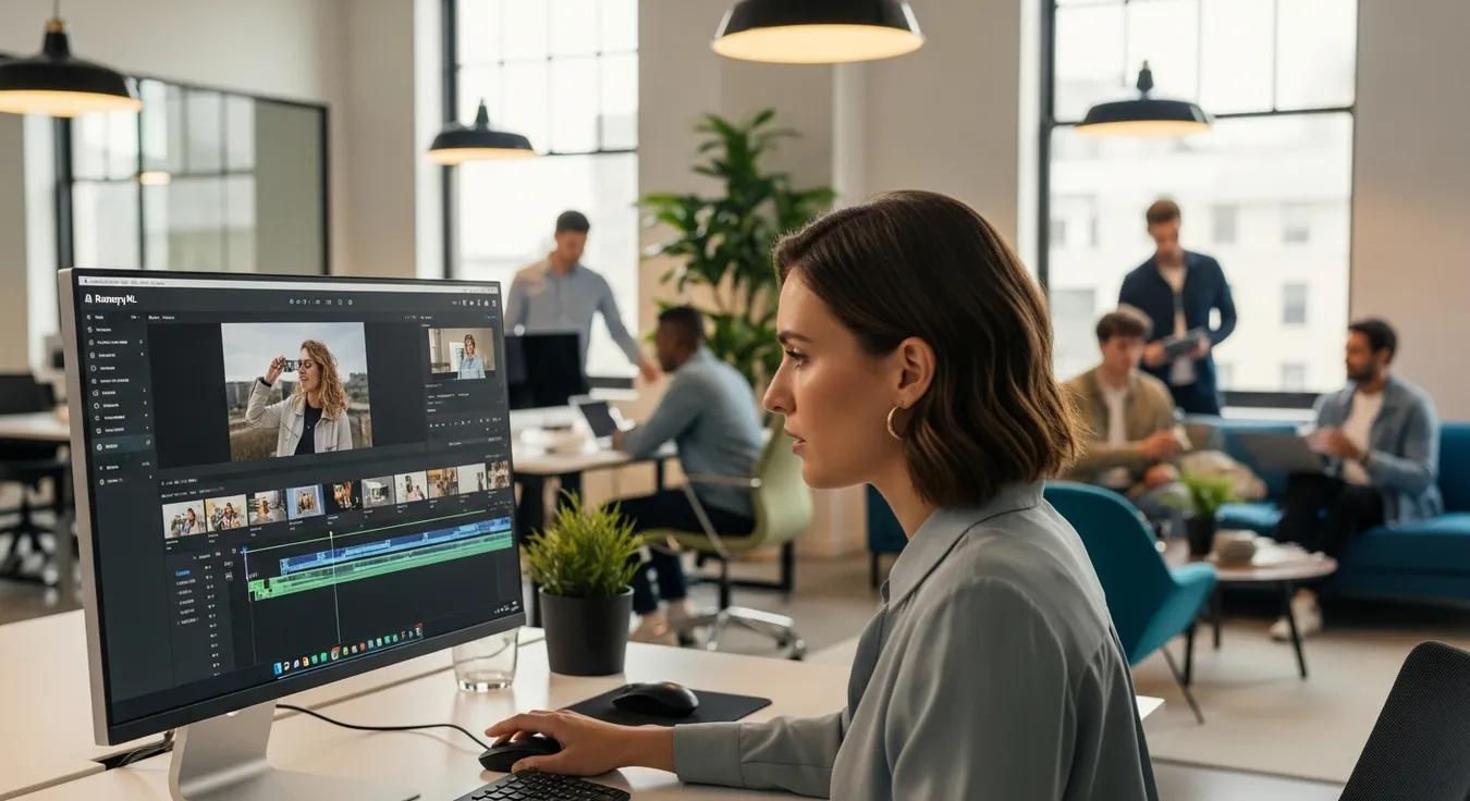 Mulher editando vídeo com RunwayML em ambiente de trabalho