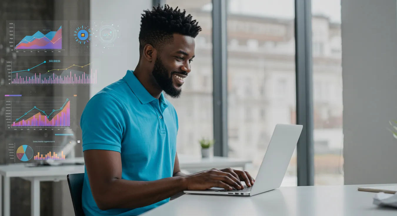 Pessoa sorrindo analisando dados em um laptop com gráficos.