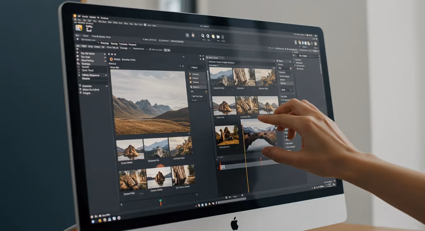 Usuário interagindo com software de edição de fotos no desktop.