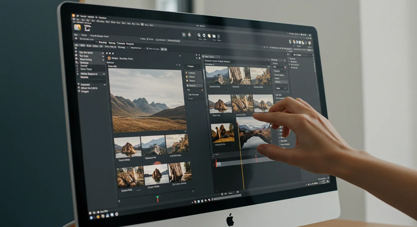 Usuário interagindo com software de edição de fotos no desktop.
