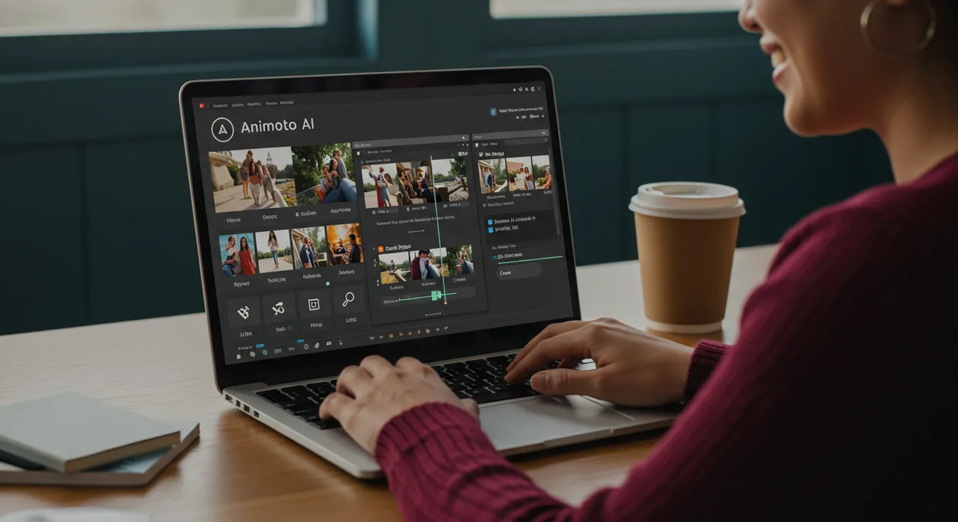 Mulher edita projeto de vídeo no notebook com Animoto AI
