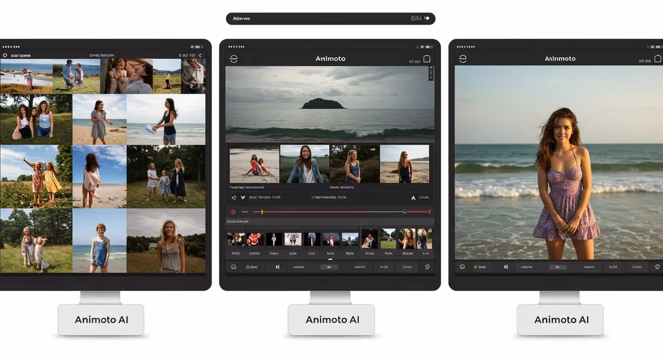 Interface do Animoto AI com fotos e edição de vídeo