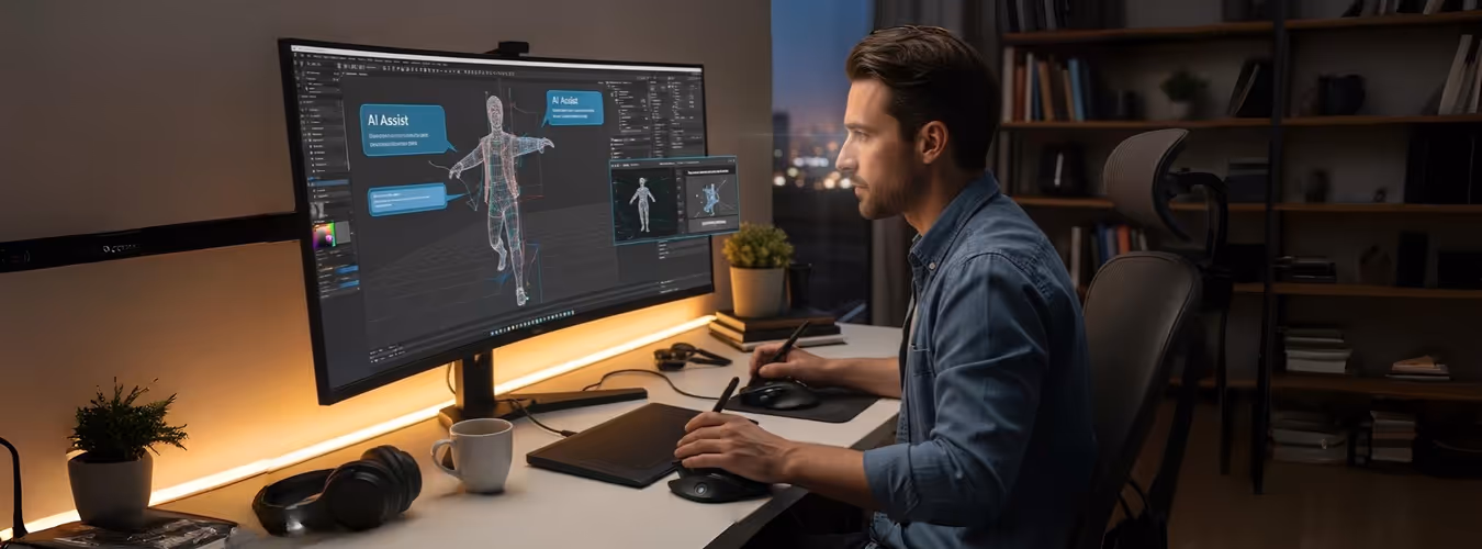 Homem ajustando animação em software com suporte a IA.
