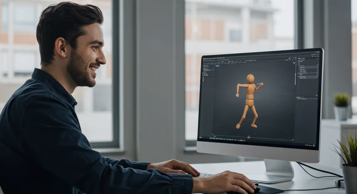 Homem trabalhando em computador com modelo 3D.