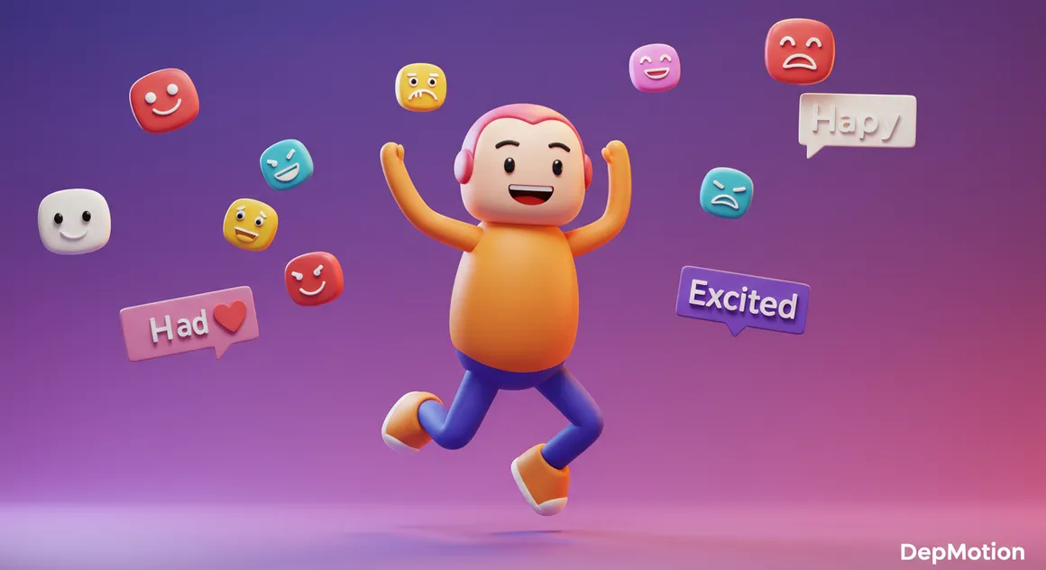 Personagem animado em 3D com expressões faciais.