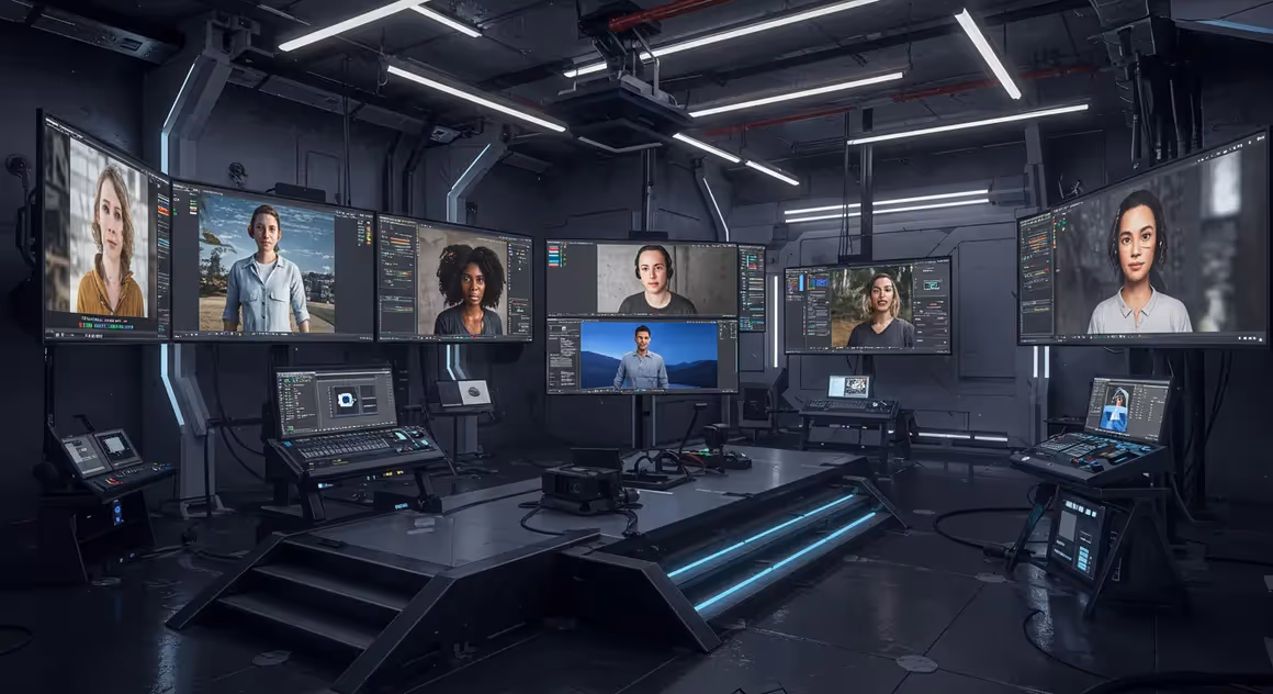 Sala futurista com múltiplos monitores de reunião online.