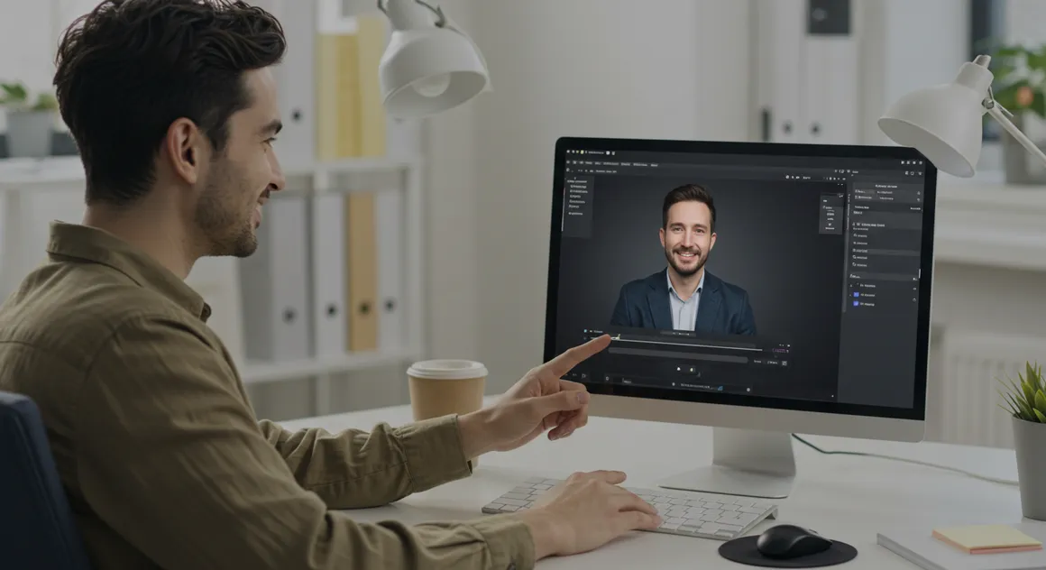 Homem sorridente em videoconferência no computador.