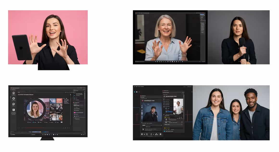 Pessoas em chamadas de vídeo exibidas em telas.