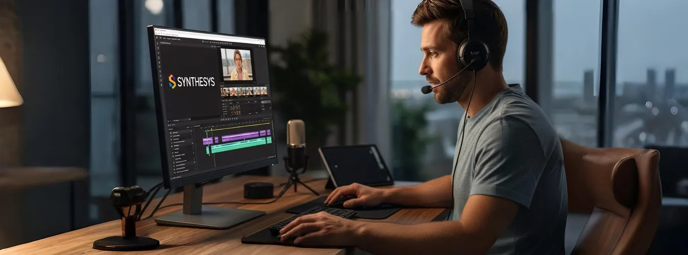 Profissional com headset editando vídeo em computador.