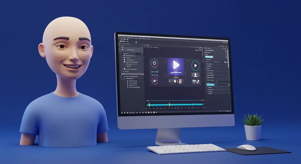 Avatar 3D sorri ao lado de tela com edição de vídeo digital