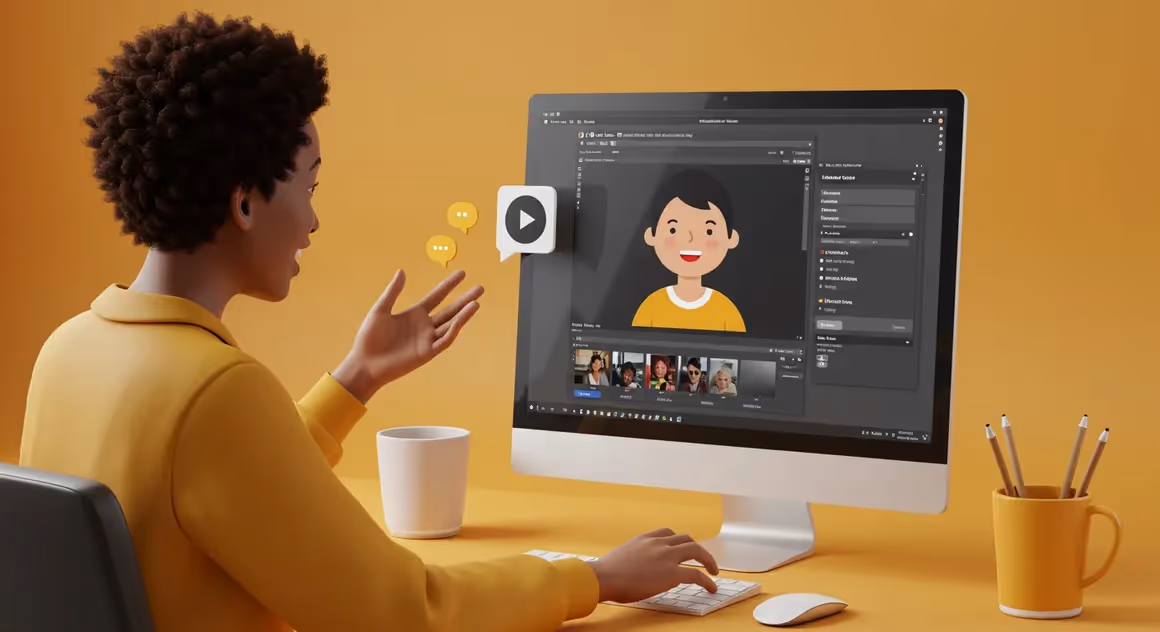 Pessoa grava vídeo educativo com avatar animado na tela