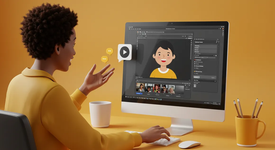 Pessoa grava vídeo educativo com avatar animado na tela