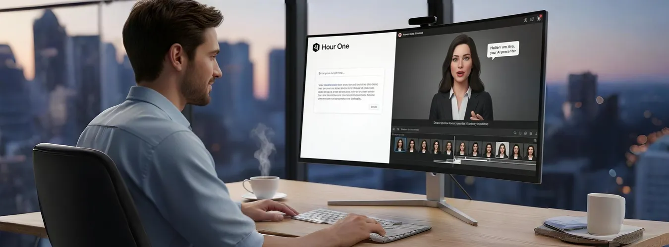 Homem cria vídeo com apresentadora virtual em escritório moderno