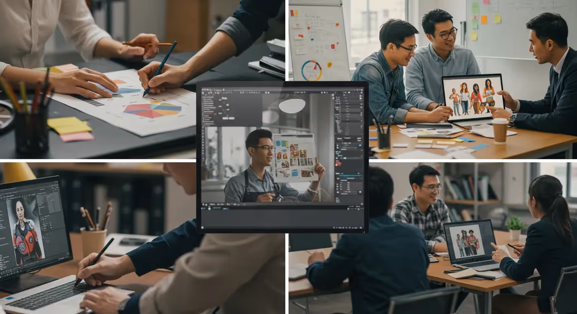 Equipe de design colabora em projetos digitais e gráficos