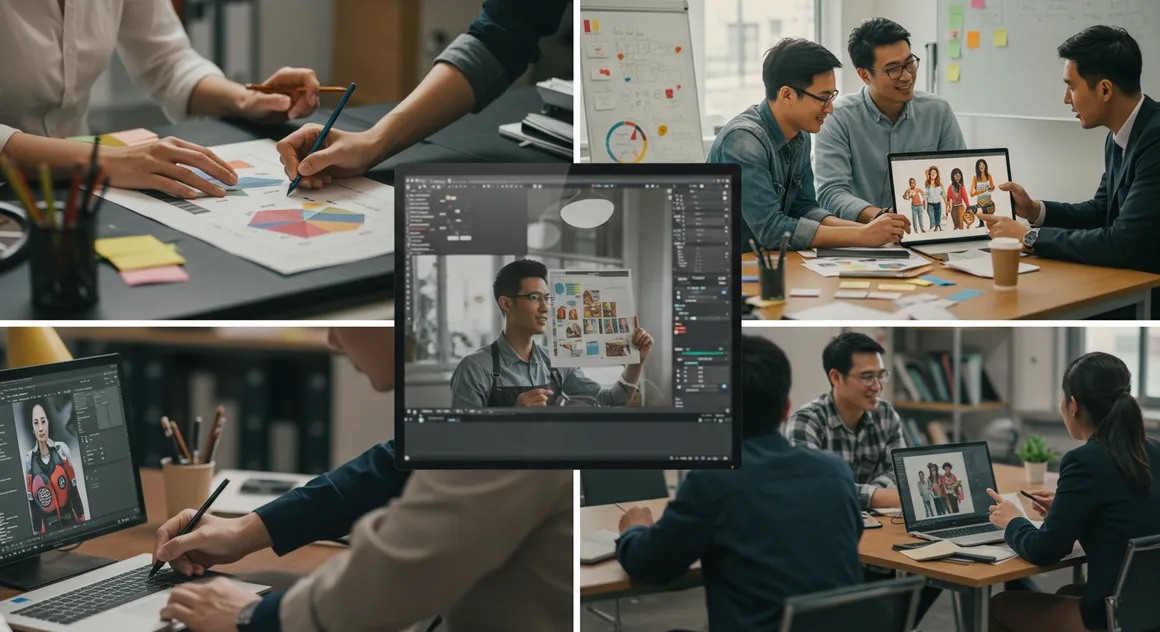 Equipe de design colabora em projetos digitais e gráficos