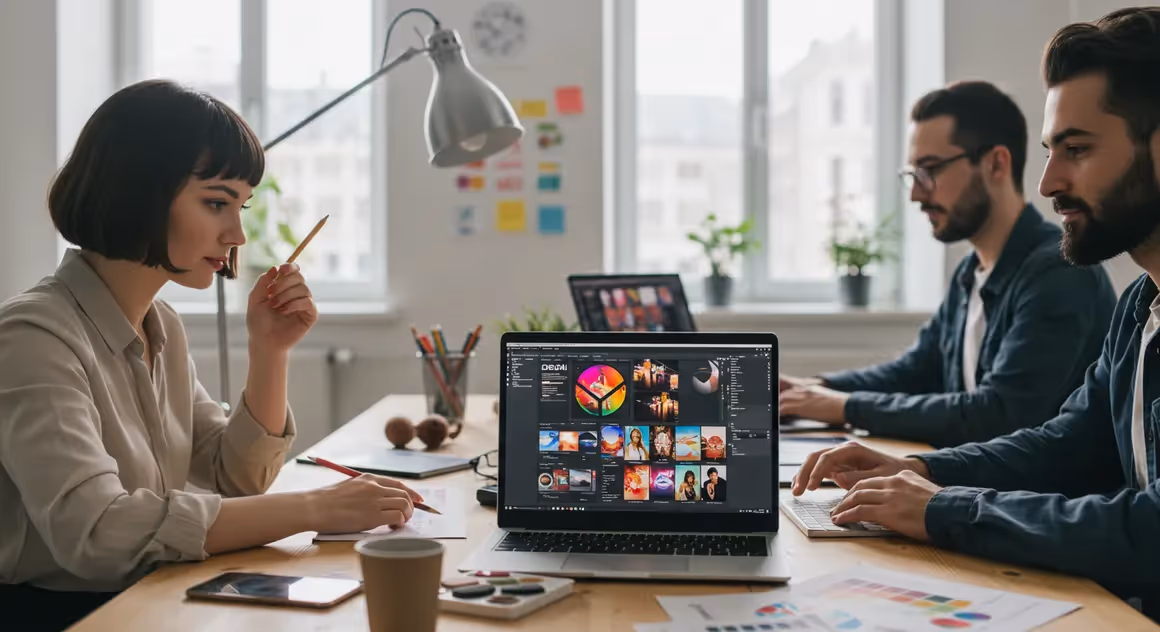 Profissionais analisam portfólio criativo em notebooks na mesa