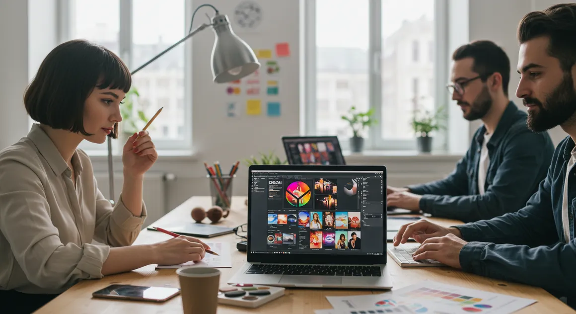Profissionais analisam portfólio criativo em notebooks na mesa