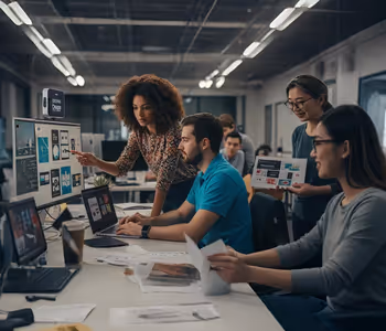 Designers colaboram em equipe revisando layouts digitais