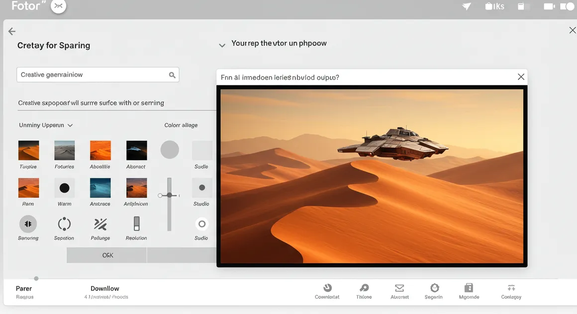 Interface criativa de IA editando nave em deserto digital