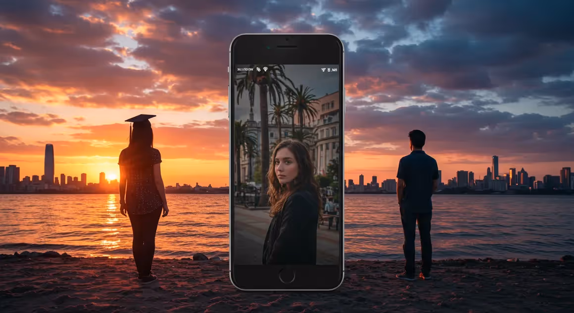 Pessoas na praia ao pôr do sol com celular em destaque