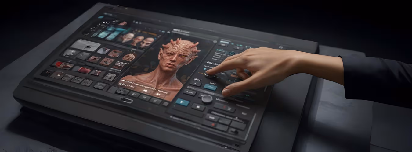 Interface digital editando escultura 3D de personagem