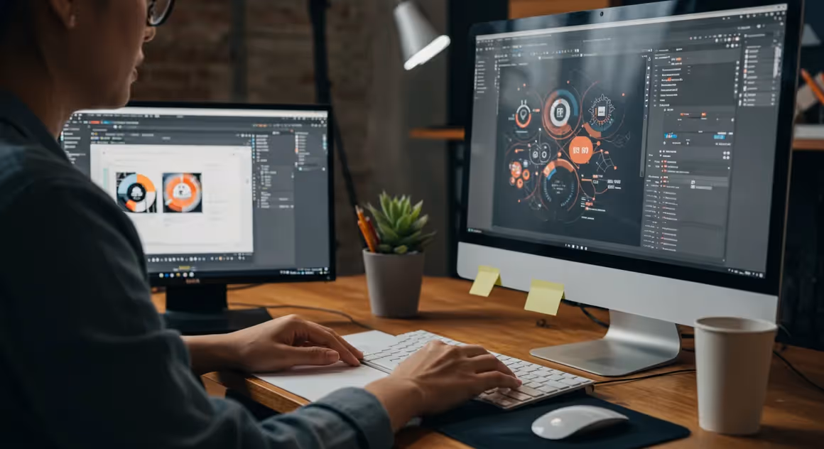 Mulher criando design gráfico em tela de computador