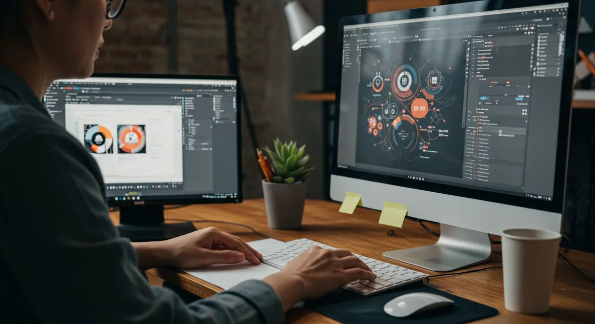 Mulher criando design gráfico em tela de computador