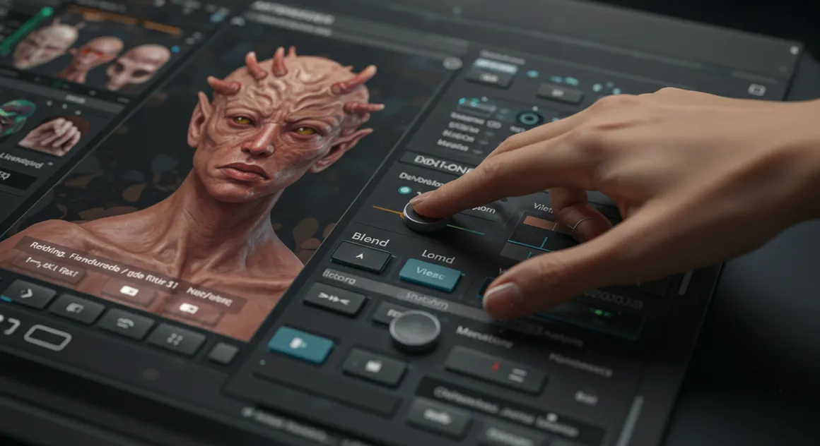 Mão ajustando painel digital com modelo 3D de rosto