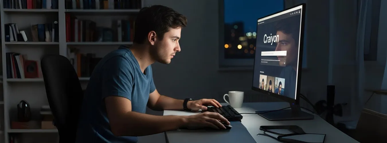 Homem trabalha à noite em frente a monitor com interface da IA Craiyon