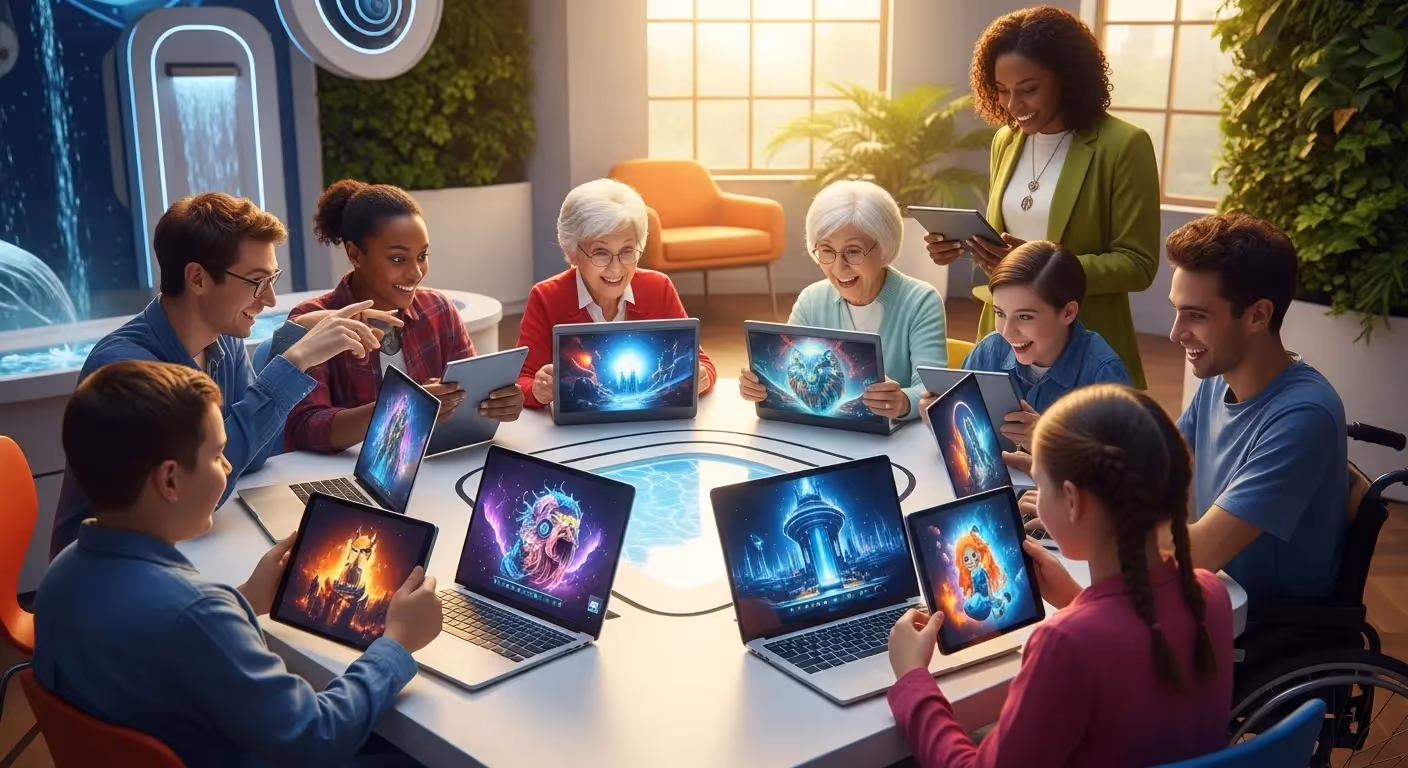 Grupo de pessoas de várias idades usa notebooks e tablets com imagens digitais