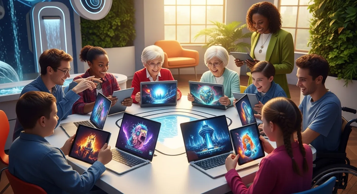 Grupo de pessoas de várias idades usa notebooks e tablets com imagens digitais