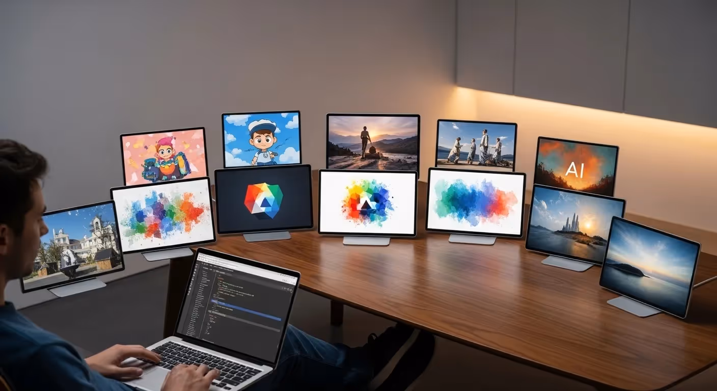 Programador usa laptop conectado a múltiplos monitores exibindo imagens criativas