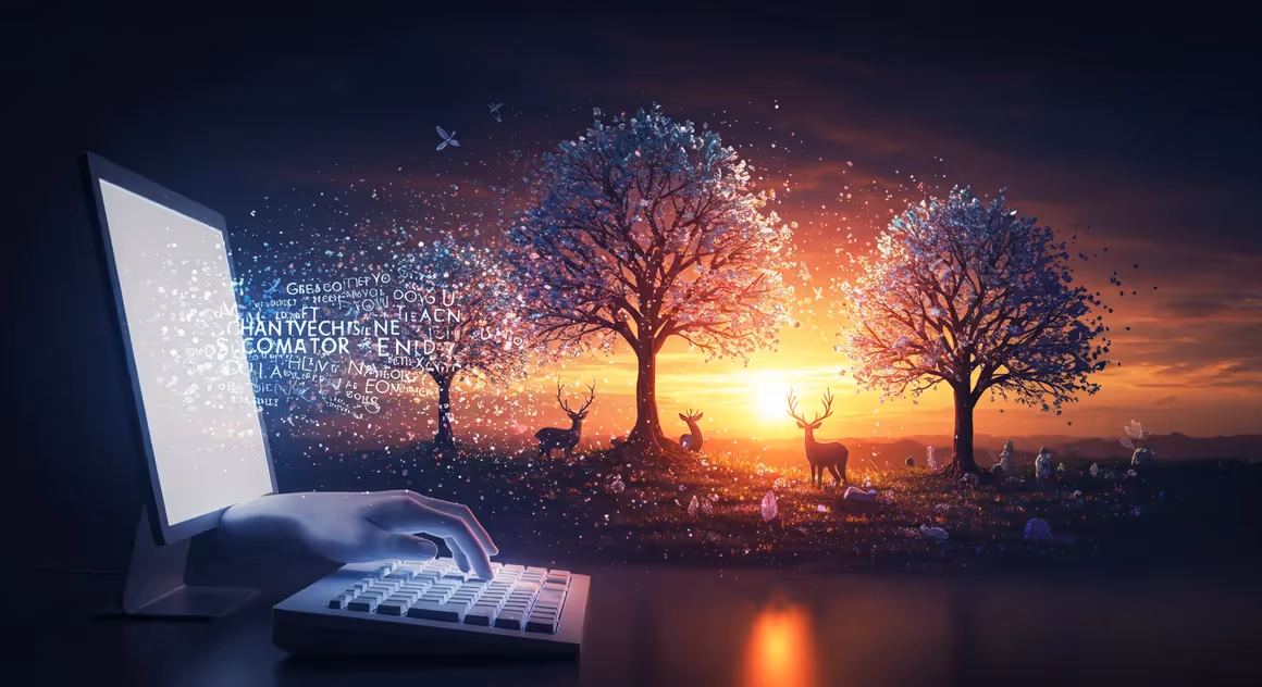 Computador gera cenário digital com árvores e cervos ao pôr do sol