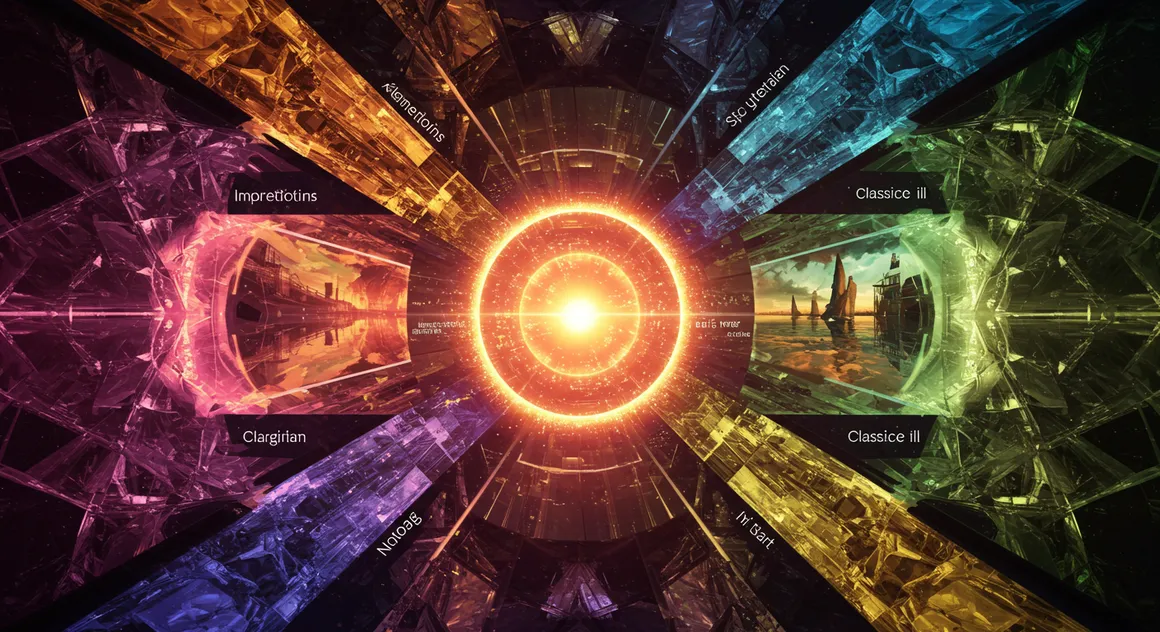 Arte digital abstrata com círculo central luminoso e cores vivas