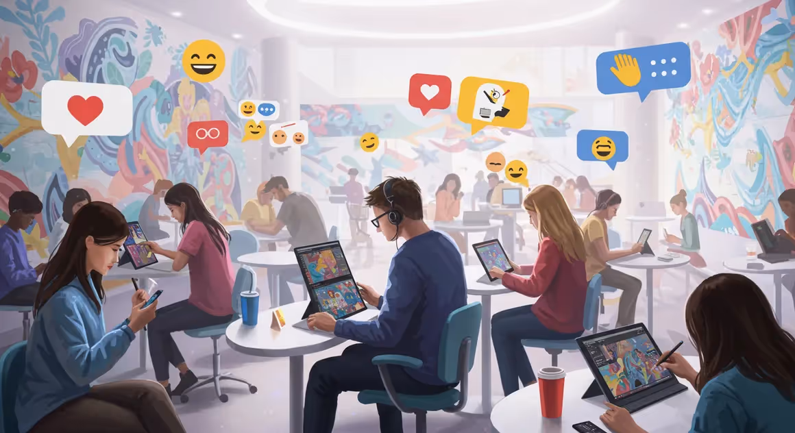 Pessoas usam tablets e celulares em ambiente digital criativo