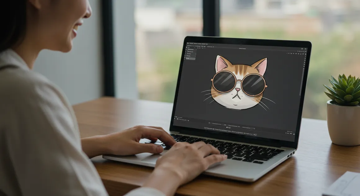 Mulher cria arte digital de gato estilizado em notebook