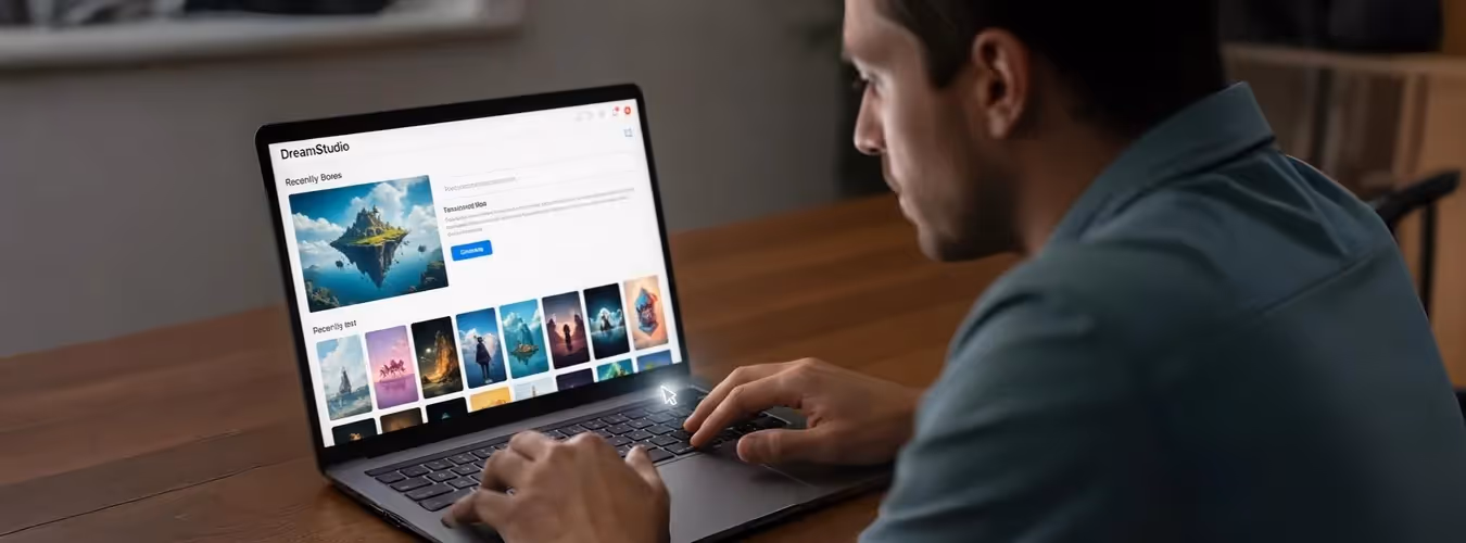 Homem explora artes digitais em laptop com DreamStudio