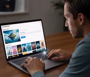 Usuário navega em galeria de imagens digitais no notebook