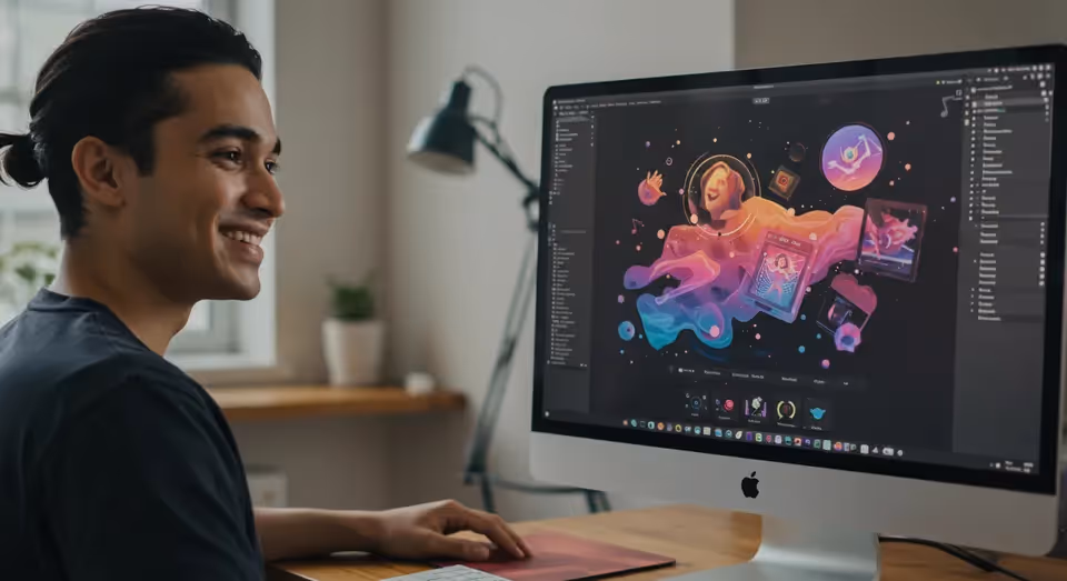 Designer sorridente criando arte digital colorida em computador