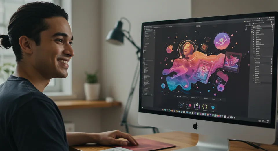 Designer sorridente criando arte digital colorida em computador