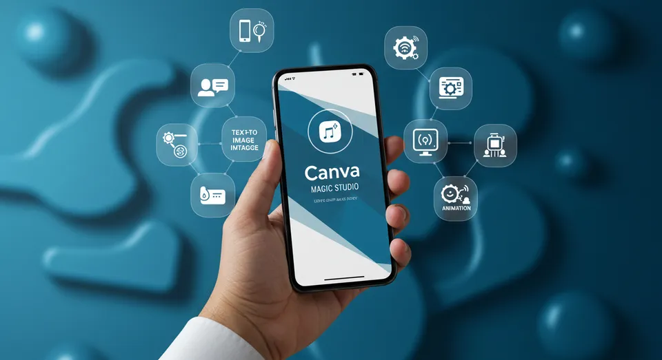 Mão segurando celular com Canva Magic Studio e ícones de IA